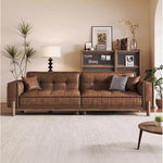 Vintage Brown Leather Sofa, Block-Style Straight Couch with Ash Wood Frame for Living Room hly-3034