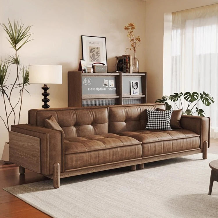Vintage Brown Leather Sofa, Block-Style Straight Couch with Ash Wood Frame for Living Room hly-3034