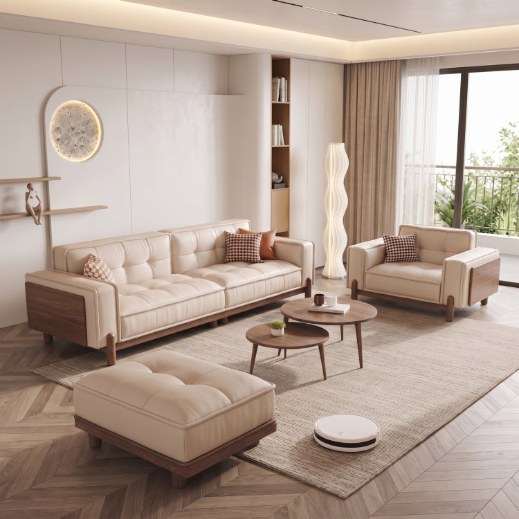 Vintage Brown Leather Sofa, Block-Style Straight Couch with Ash Wood Frame for Living Room hly-3034