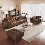 Vintage Brown Leather Sofa, Block-Style Straight Couch with Ash Wood Frame for Living Room hly-3034