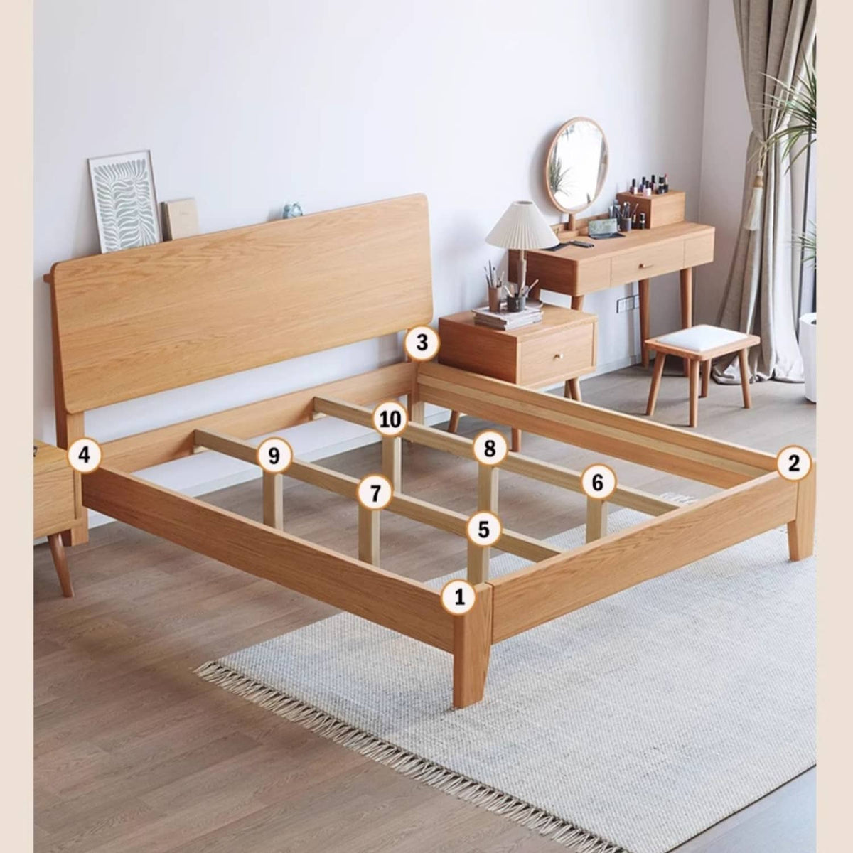 Natural Wood Color Rubber Wood Pine Bed - Elegant & Durable Bedroom Furniture hmak-235