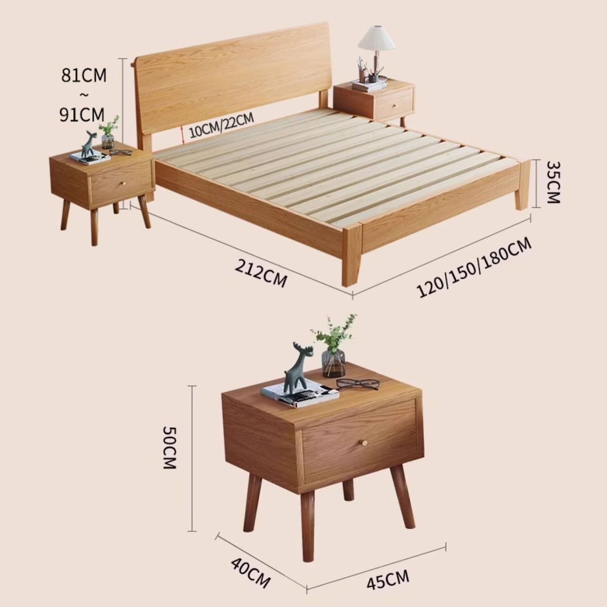 Natural Wood Color Rubber Wood Pine Bed - Elegant & Durable Bedroom Furniture hmak-235