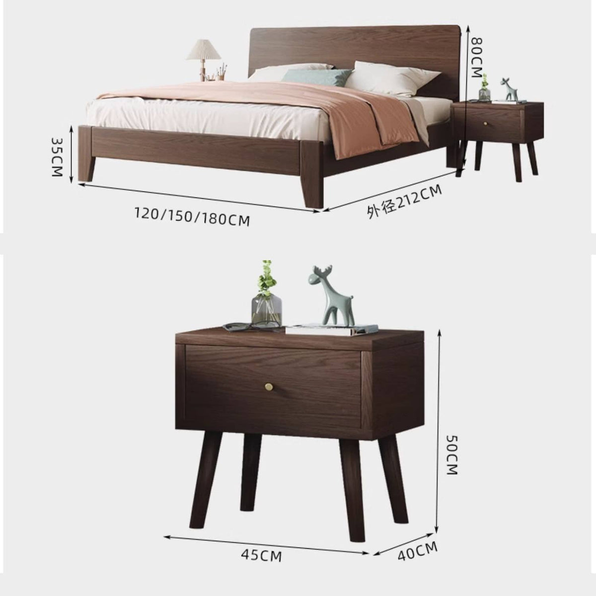 Luxurious Solid Brown Rubberwood Pine Bed Frame - Stylish & Durable Design hmak-236