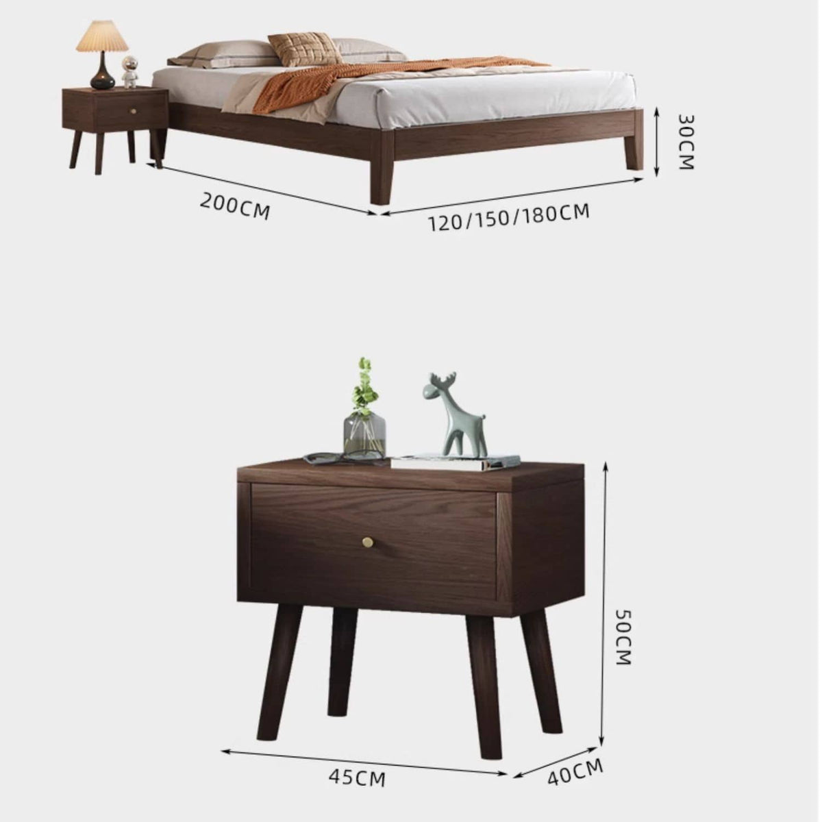 Elegant Brown Rubber Wood Pine Bed - Durable & Stylish Bedroom Furniture hmak-245