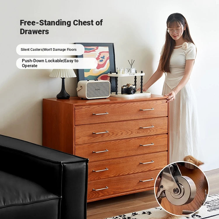 Modern Ash Wood Drawer Cabinet with Stainless Steel Handles – Sleek Storage Solution hmr-4763