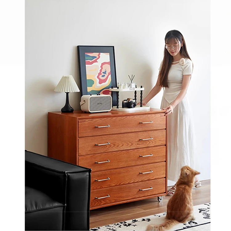 Modern Ash Wood Drawer Cabinet with Stainless Steel Handles – Sleek Storage Solution hmr-4763