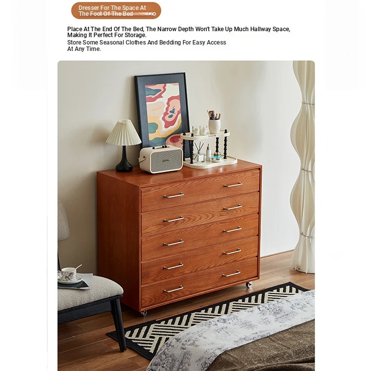 Modern Ash Wood Drawer Cabinet with Stainless Steel Handles – Sleek Storage Solution hmr-4763