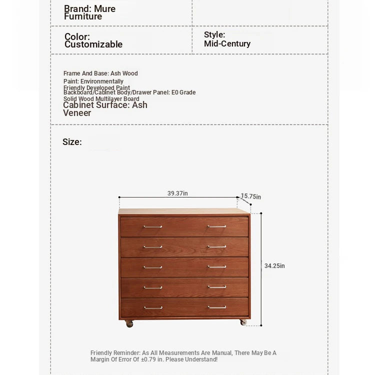 Modern Ash Wood Drawer Cabinet with Stainless Steel Handles – Sleek Storage Solution hmr-4763