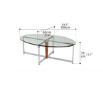 Sleek Glass Oval Coffee Table with Ash Wood & Stainless Steel Accents - Modern Living Room Design hmr-4774