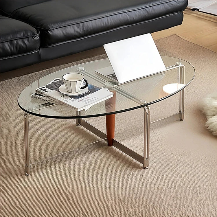 Sleek Glass Oval Coffee Table with Ash Wood & Stainless Steel Accents - Modern Living Room Design hmr-4774