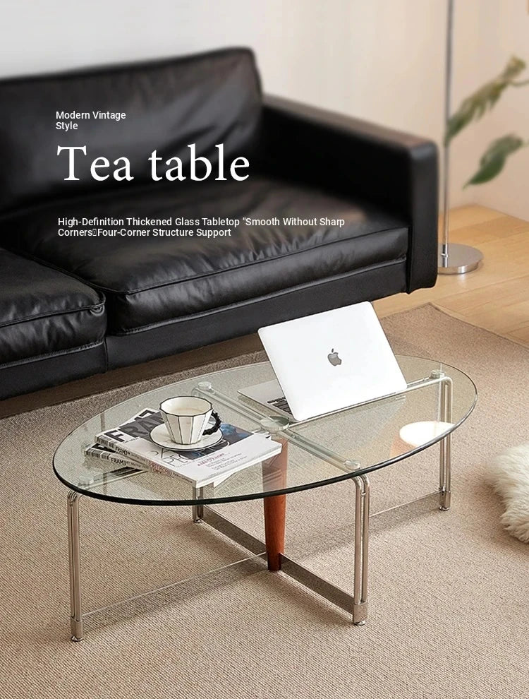 Sleek Glass Oval Coffee Table with Ash Wood & Stainless Steel Accents - Modern Living Room Design hmr-4774