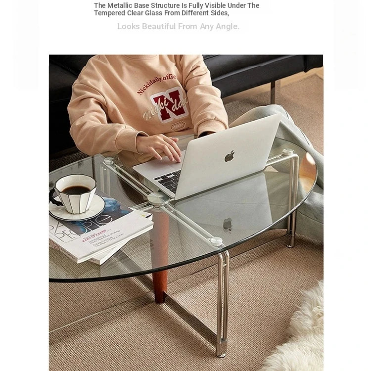 Sleek Glass Oval Coffee Table with Ash Wood & Stainless Steel Accents - Modern Living Room Design hmr-4774