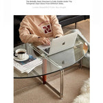 Sleek Glass Oval Coffee Table with Ash Wood & Stainless Steel Accents - Modern Living Room Design hmr-4774