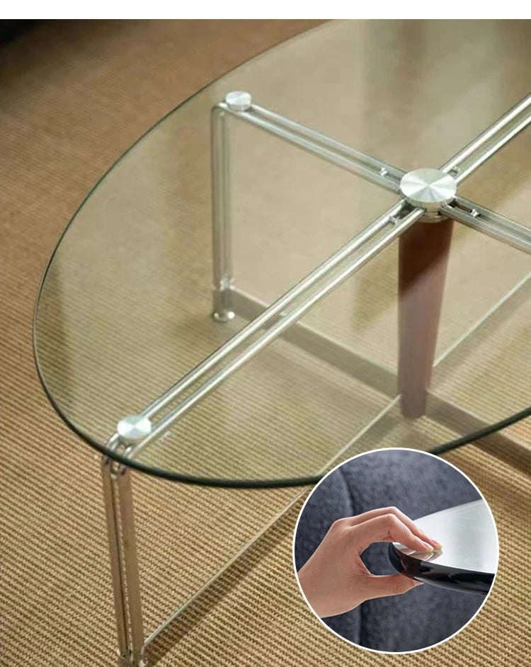 Sleek Glass Oval Coffee Table with Ash Wood & Stainless Steel Accents - Modern Living Room Design hmr-4774