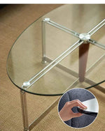 Sleek Glass Oval Coffee Table with Ash Wood & Stainless Steel Accents - Modern Living Room Design hmr-4774