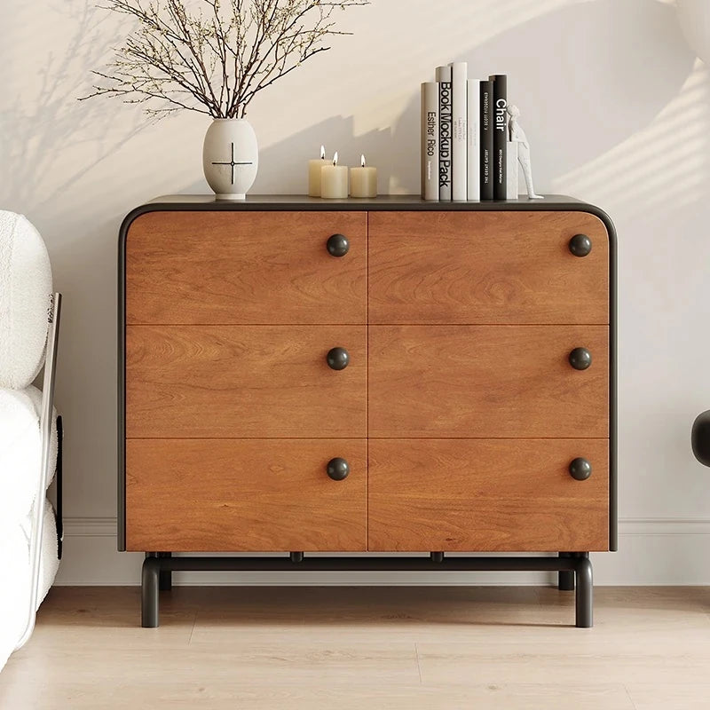 Modern Ash Wood Cabinet with Stylish Black Accents - 6-Drawer Storage Solution for Home Décor hmr-4777