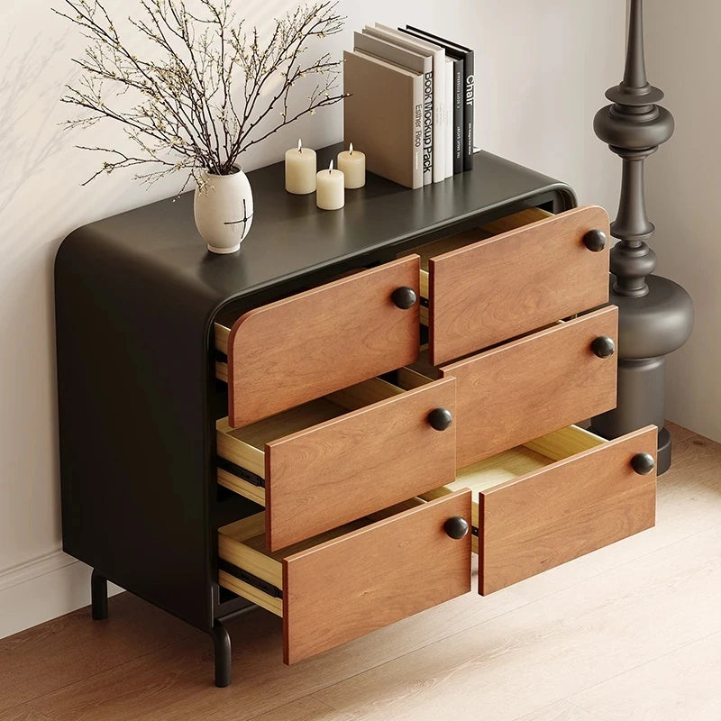 Modern Ash Wood Cabinet with Stylish Black Accents - 6-Drawer Storage Solution for Home Décor hmr-4777