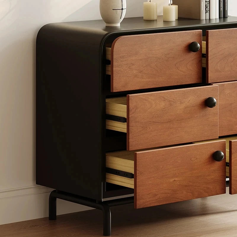 Modern Ash Wood Cabinet with Stylish Black Accents - 6-Drawer Storage Solution for Home Décor hmr-4777