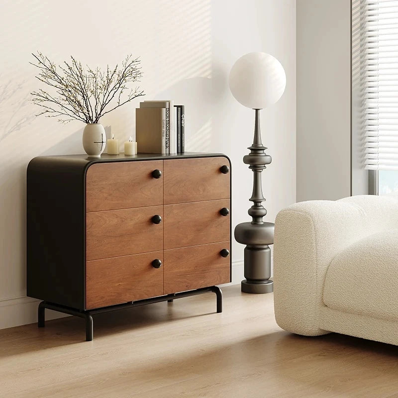 Modern Ash Wood Cabinet with Stylish Black Accents - 6-Drawer Storage Solution for Home Décor hmr-4777