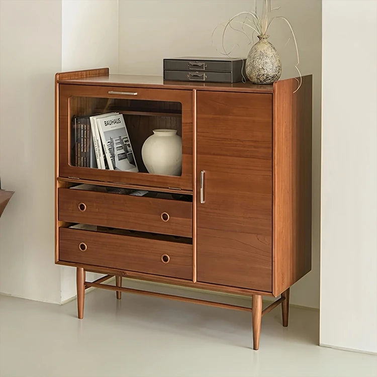 Mid-Century Modern Ash Wood Cabinet with Glass Display and Drawers - Stylish Storage Solution for Home and Office hmr-4779
