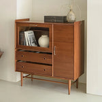 Mid-Century Modern Ash Wood Cabinet with Glass Display and Drawers - Stylish Storage Solution for Home and Office hmr-4779