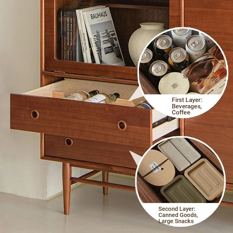 Mid-Century Modern Ash Wood Cabinet with Glass Display and Drawers - Stylish Storage Solution for Home and Office hmr-4779