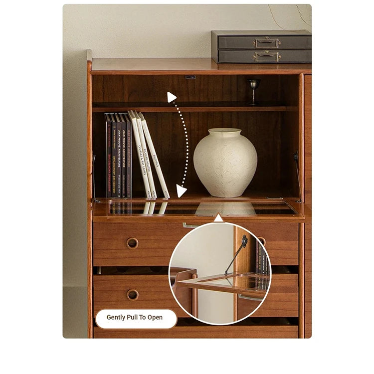 Mid-Century Modern Ash Wood Cabinet with Glass Display and Drawers - Stylish Storage Solution for Home and Office hmr-4779