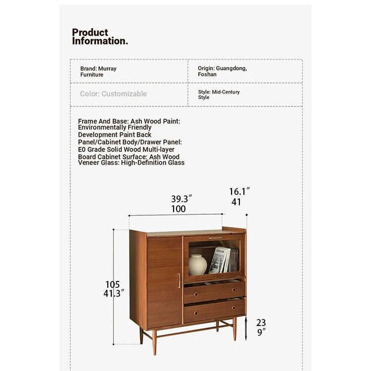Mid-Century Modern Ash Wood Cabinet with Glass Display and Drawers - Stylish Storage Solution for Home and Office hmr-4779