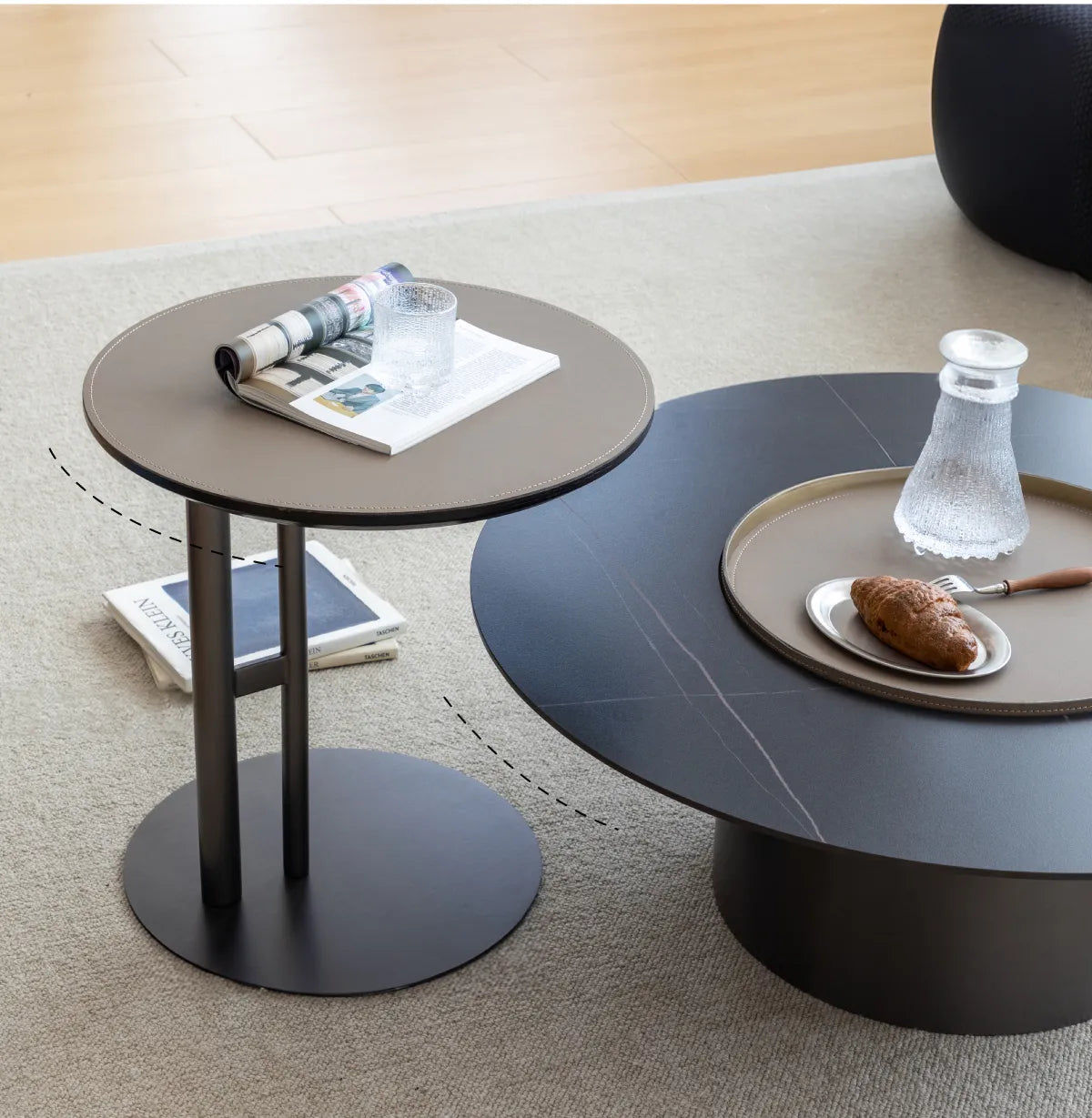 2-Piece Modern Coffee Table Set – Sintered Stone and Synthetic Leather Design with Stainless Accents hms-4051