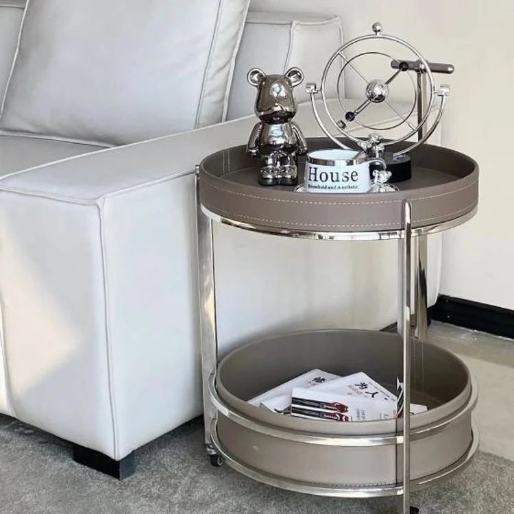 Stylish Two-Tier Round Tea Table in Synthetic Leather and Stainless Steel - Modern Home Decor Storage Solution hmx-5093