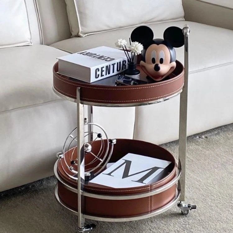 Stylish Two-Tier Round Tea Table in Synthetic Leather and Stainless Steel - Modern Home Decor Storage Solution hmx-5093