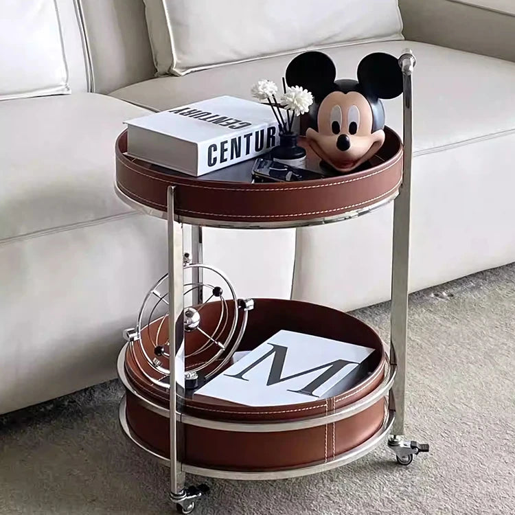 Stylish Two-Tier Round Tea Table in Synthetic Leather and Stainless Steel - Modern Home Decor Storage Solution hmx-5093