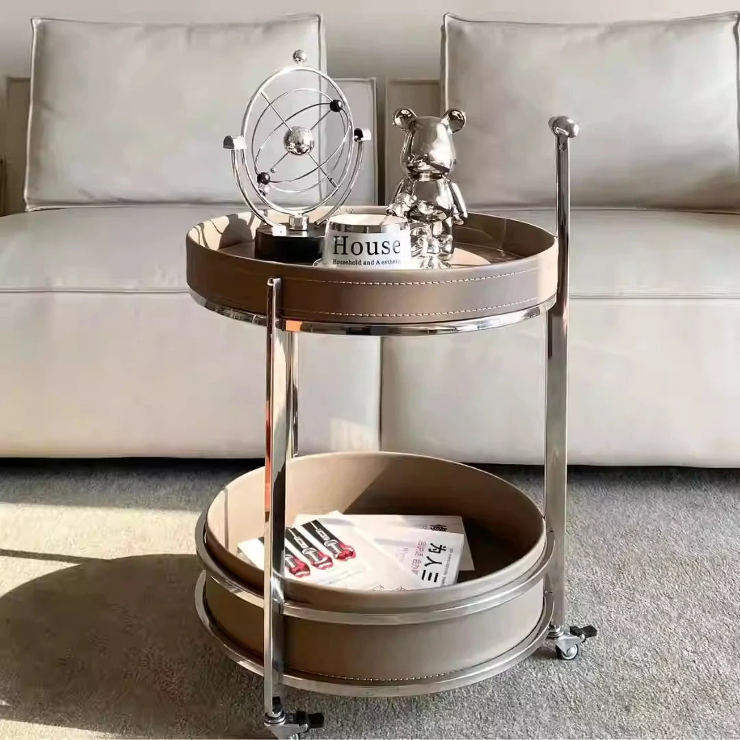 Stylish Two-Tier Round Tea Table in Synthetic Leather and Stainless Steel - Modern Home Decor Storage Solution hmx-5093