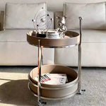 Stylish Two-Tier Round Tea Table in Synthetic Leather and Stainless Steel - Modern Home Decor Storage Solution hmx-5093