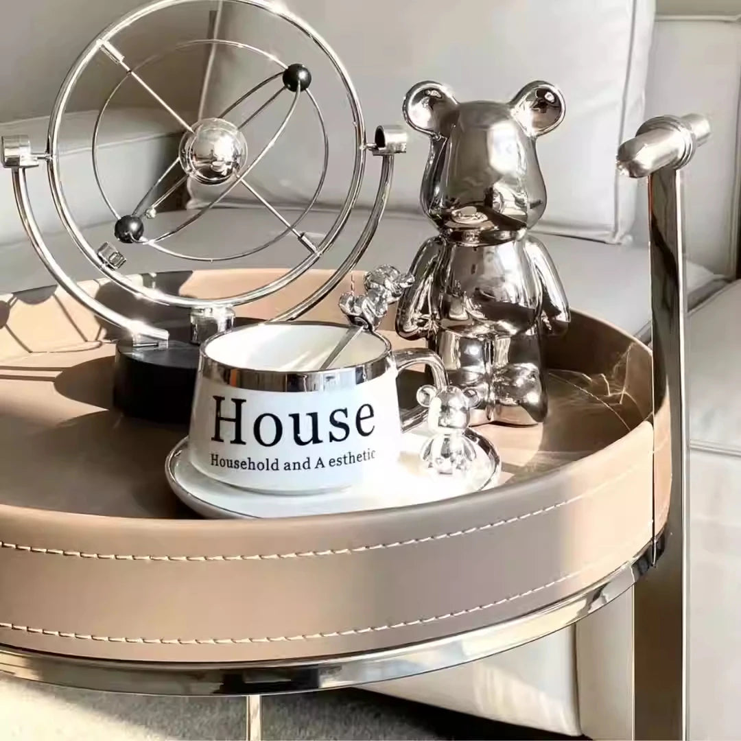 Stylish Two-Tier Round Tea Table in Synthetic Leather and Stainless Steel - Modern Home Decor Storage Solution hmx-5093