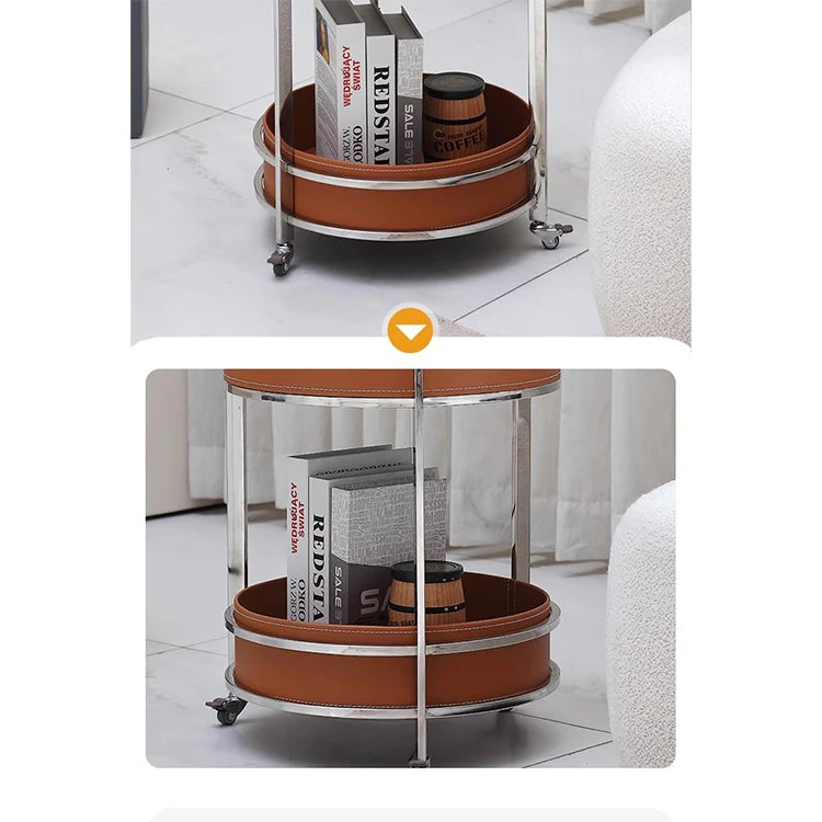 Stylish Two-Tier Round Tea Table in Synthetic Leather and Stainless Steel - Modern Home Decor Storage Solution hmx-5093