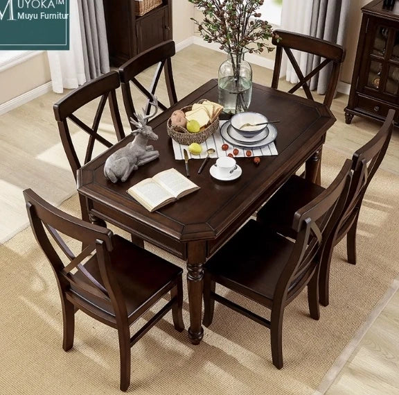 Elegant Solid Wood Dining Table Set with 6 Chairs - Classic Multi-layer Design for Timeless Style hmy-5001