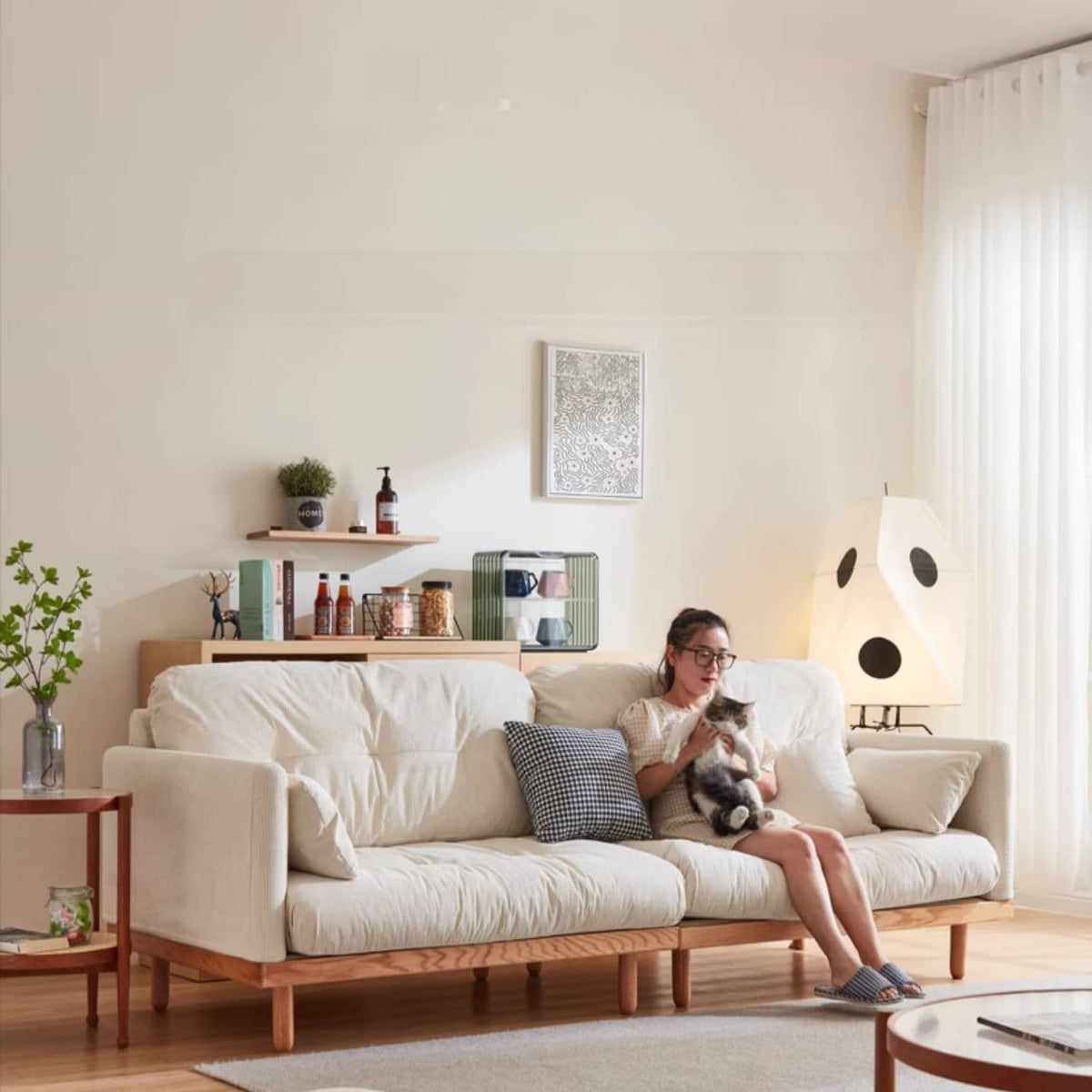 Luxury Beige Corduroy Sofa with Natural Goose Down Cushions and Oak Pine Wood Frame hmyf-1270