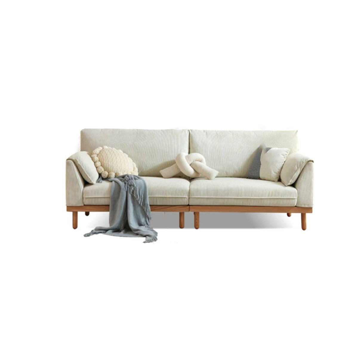 Crafted Comfort Corduroy Sofa: Goose Down Cushions in Beige, Yellow, Khaki, Green & Fog Blue with Oak & Pine Wood Finish hmyf-1271