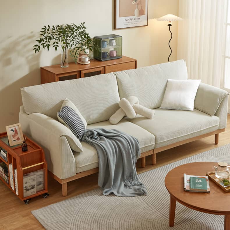 Crafted Comfort Corduroy Sofa: Goose Down Cushions in Beige, Yellow, Khaki, Green & Fog Blue with Oak & Pine Wood Finish hmyf-1271