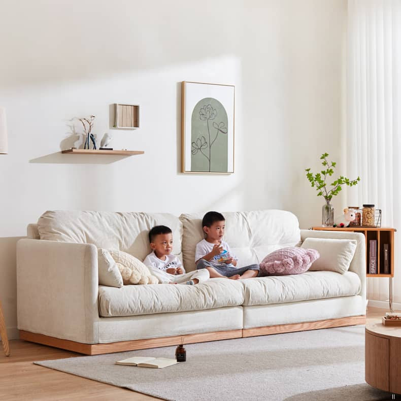 Natural Oak and Pine Wood Sofa with Beige Corduroy and Goose Down Cushions hmyf-1272