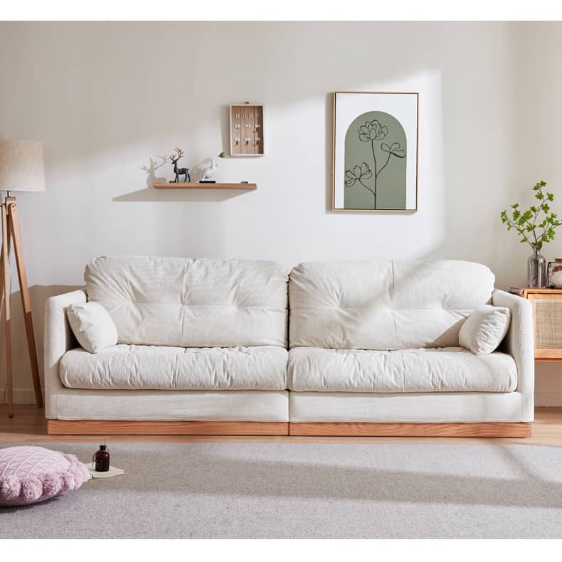 Natural Oak and Pine Wood Sofa with Beige Corduroy and Goose Down Cushions hmyf-1272