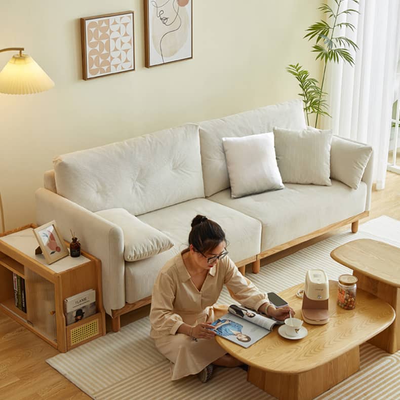 Elegant Beige Corduroy Sofa with Natural Oak and Pine Wood Frame - Luxurious Goose Down Filling hmyf-1274