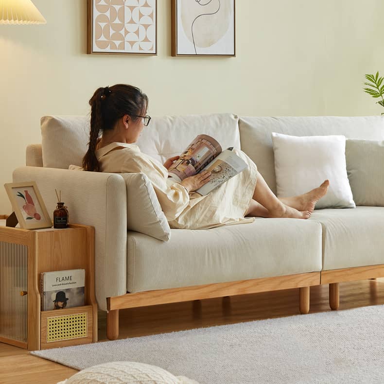 Elegant Beige Corduroy Sofa with Natural Oak and Pine Wood Frame - Luxurious Goose Down Filling hmyf-1274