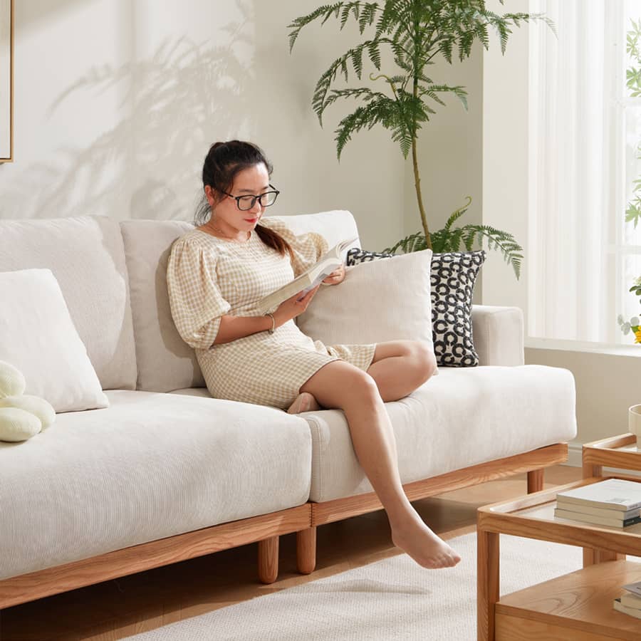 Luxurious Beige Corduroy Sofa with Natural Green Accent and Oak/Pine Wood, Filled with Goose Down hmyf-1277