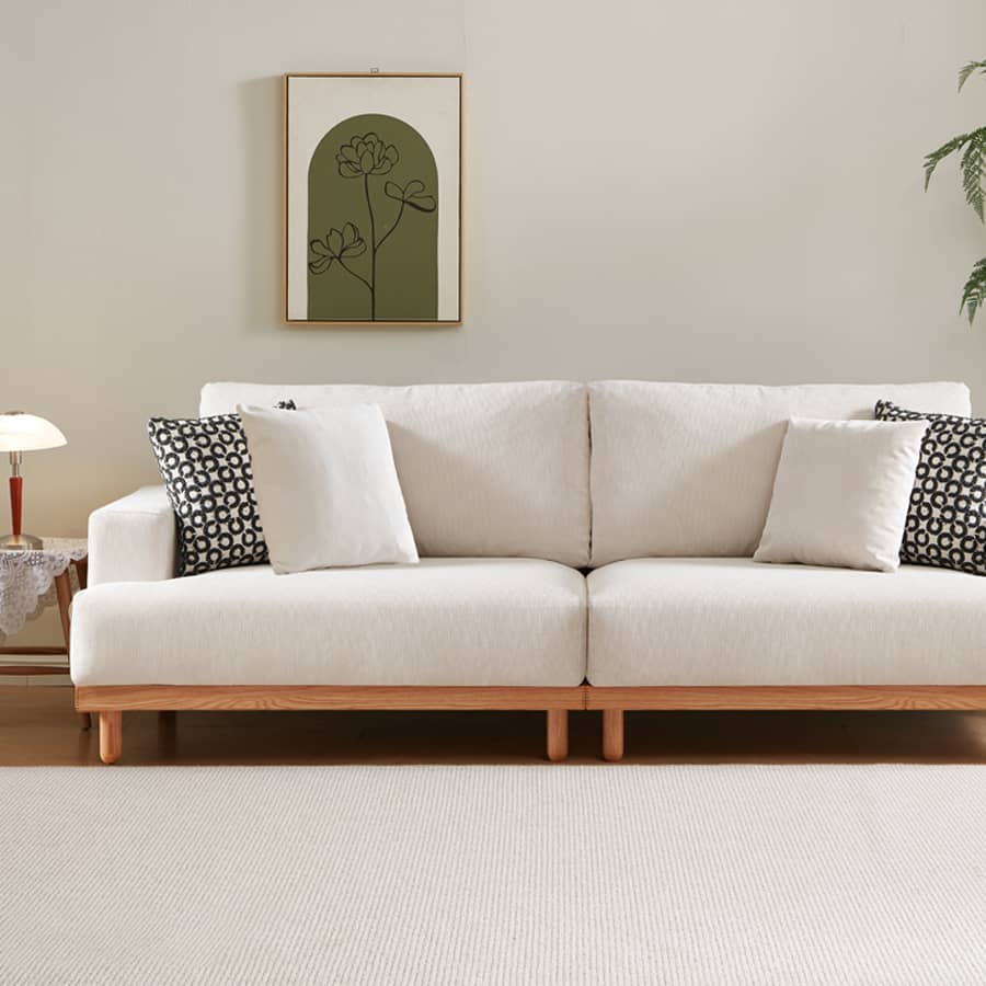 Luxurious Beige Corduroy Sofa with Natural Green Accent and Oak/Pine Wood, Filled with Goose Down hmyf-1277