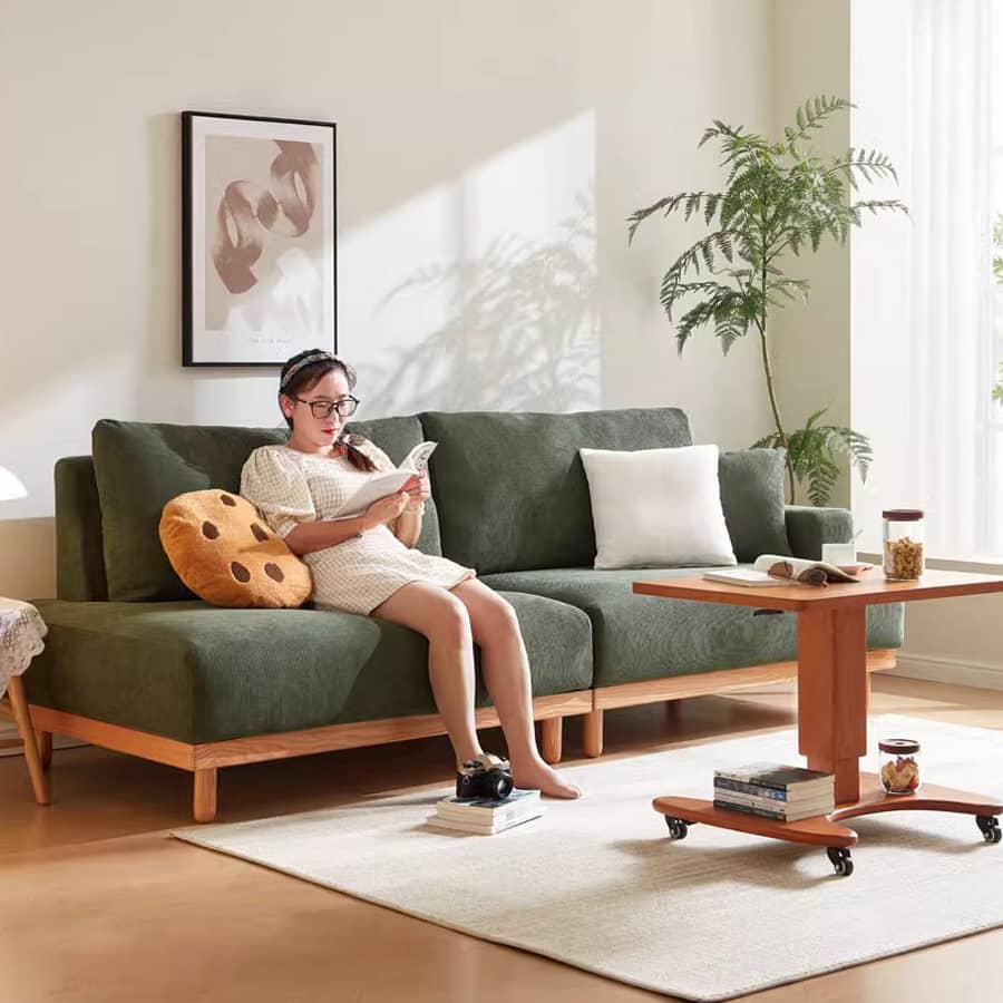 Luxurious Beige Corduroy Sofa with Natural Green Accent and Oak/Pine Wood, Filled with Goose Down hmyf-1277