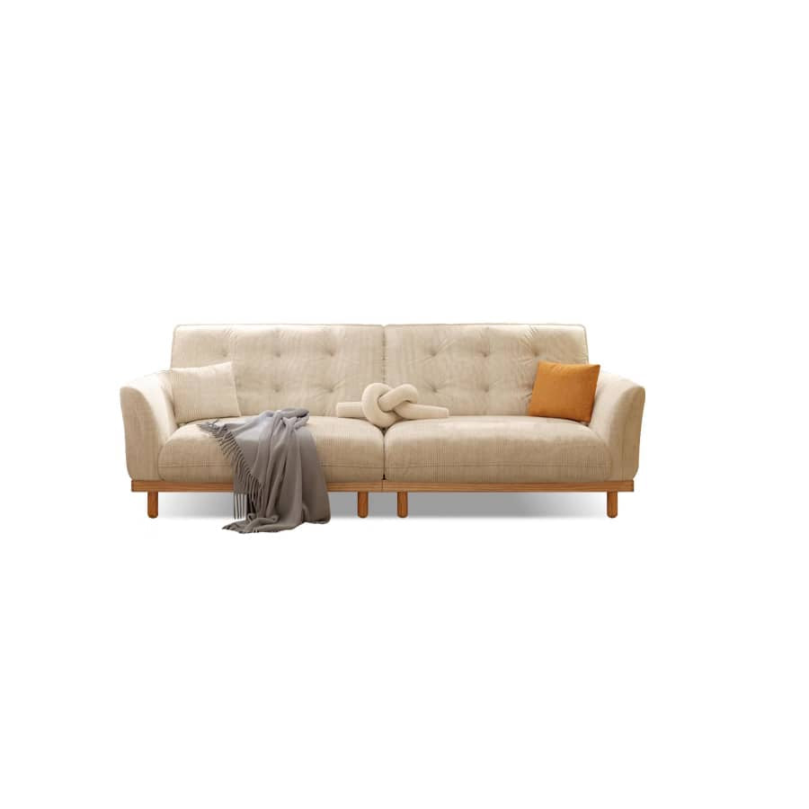 Elegant Beige Corduroy Sofa with Natural Oak and Pine Wood Frame - Plush Goose Down Cushions hmyf-1278