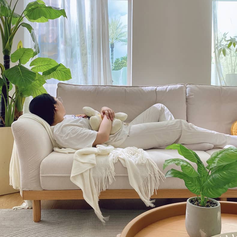 Elegant Beige Corduroy Sofa with Natural Oak and Pine Wood Frame - Plush Goose Down Cushions hmyf-1278