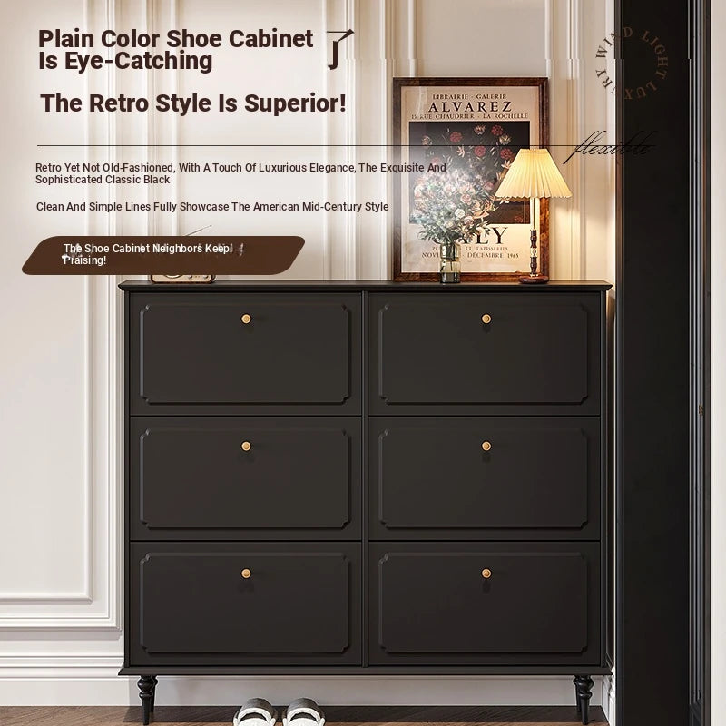 Stylish Mid-Century Shoe Cabinet in Classic Black - Elegant Storage Solution for Your Home hmz-4943